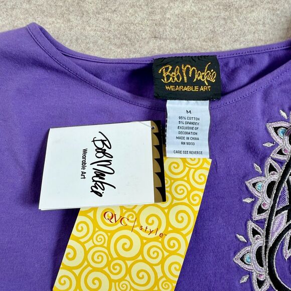 Bob Mackie Purple 3D Embroidered Paisley 3/4 Sleeve Top NEW Women’s M Artsy Boho - Picture 3 of 8